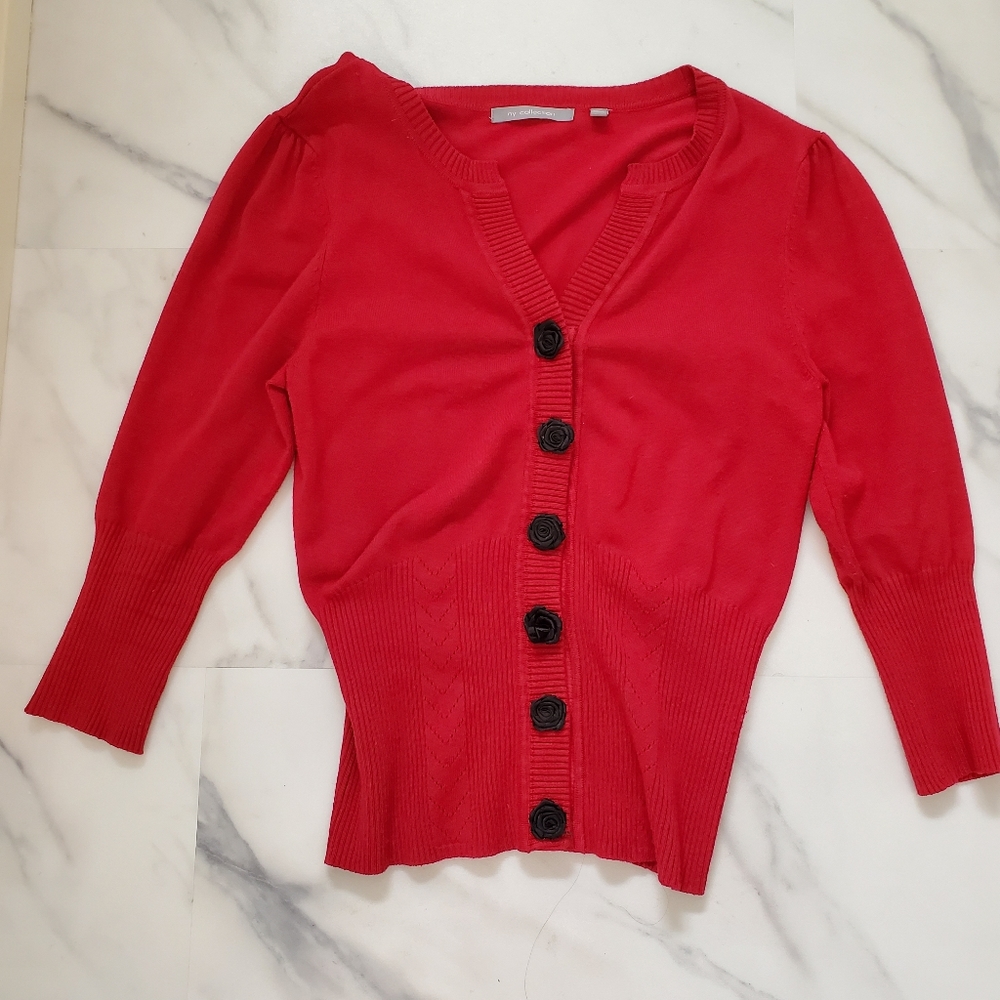 Red cardigan with black rose shape buttons. My Collection. M